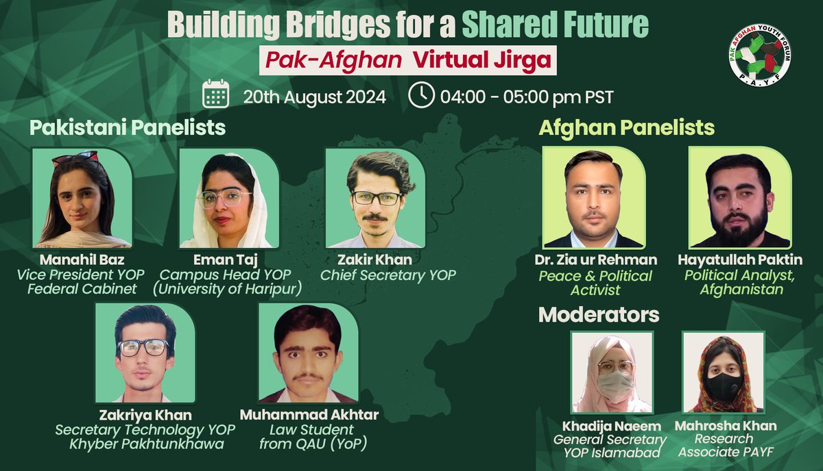 payf_official's tweet photo. [Pak-Afghan Youth Jirga]

Make an impact on the future of Pakistan and Afghanistan! 

Join us on 20th August for the Virtual Jirga and be a catalyst for change. ⤵️
https://t.co/ZkgktJKm9J