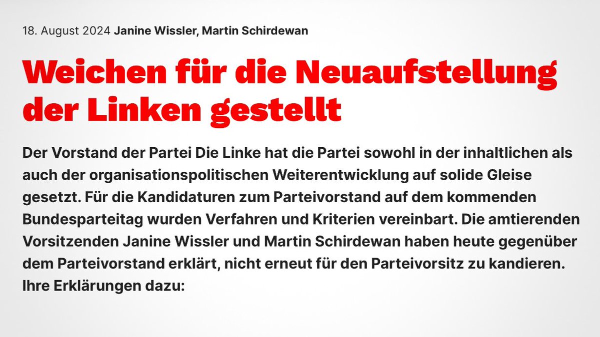 Dass Janine Wissler und Martin Schirdewan nicht wieder antreten, ist richtig und kann etwas in die richtige Richtung bewegen. 

Voraussetzung: Es werden jetzt offen strategische Linien diskutiert, dann Richtungsentscheidungen getroffen und keine faulen Kompromisse geschlossen.