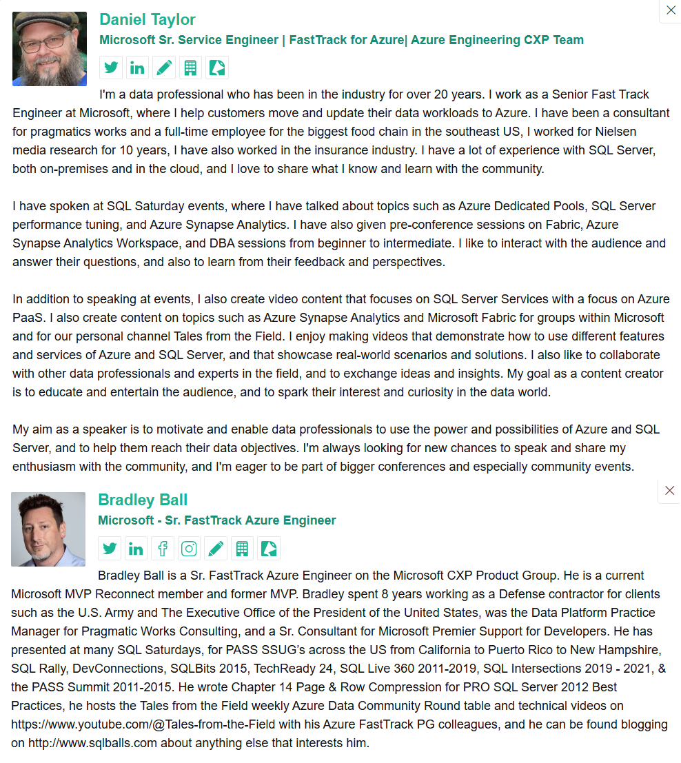 Meet the speakers of the day! 𝑩𝒓𝒂𝒅𝒍𝒆𝒚 𝑩𝒂𝒍𝒍 <a href="/SQLBalls/">Bradley Ball</a> , Microsoft - Sr. FastTrack Azure Engineer &amp; 𝑫𝒂𝒏𝒊𝒆𝒍 𝑻𝒂𝒚𝒍𝒐𝒓 <a href="/DBABullDog/">Daniel Taylor | DBABulldog@mas.to</a> , Microsoft Sr. Service Engineer | FastTrack for Azure| Azure Engineering CXP Team.