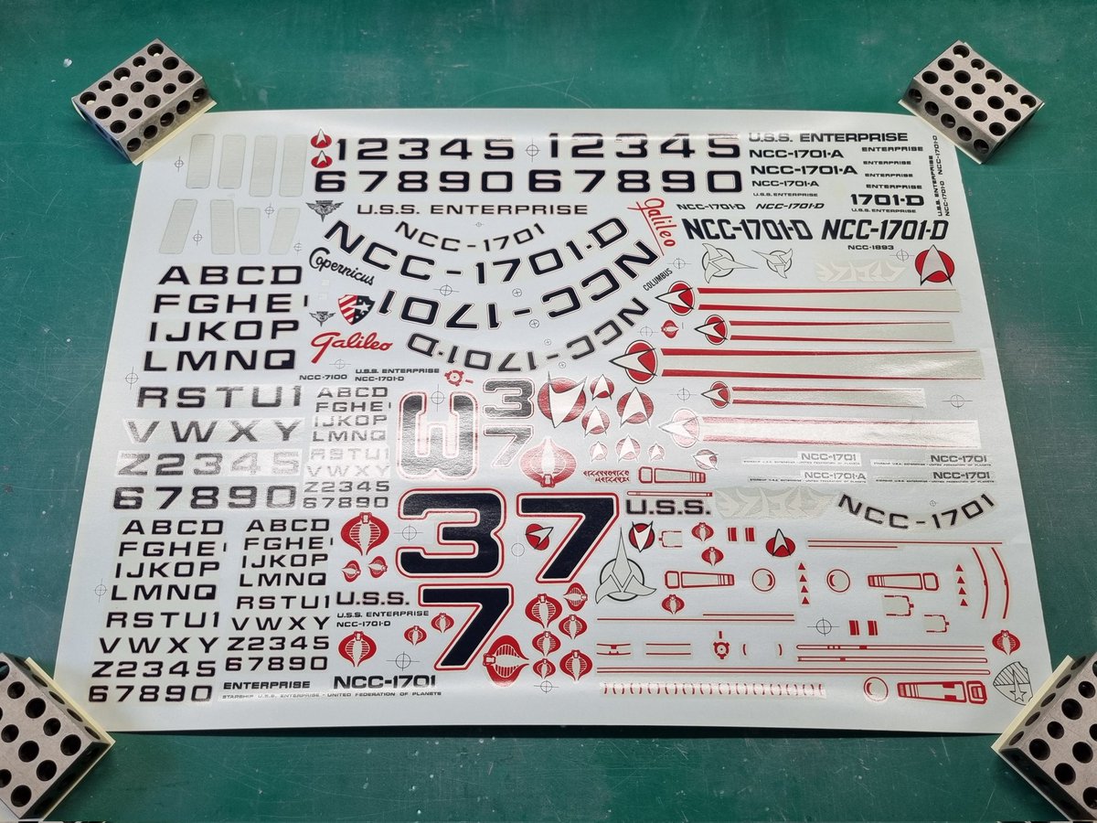 One of Greg Jein's production made Star Trek decal sheets came up at auction recently and I couldn't pass up the chance.

There's a lot on here - 4' Enterprise D, Klingon Vor'Cha, and Romulan Warbird etc, as well as generic lettering and graphics, and even some GI Joe Cobra logos