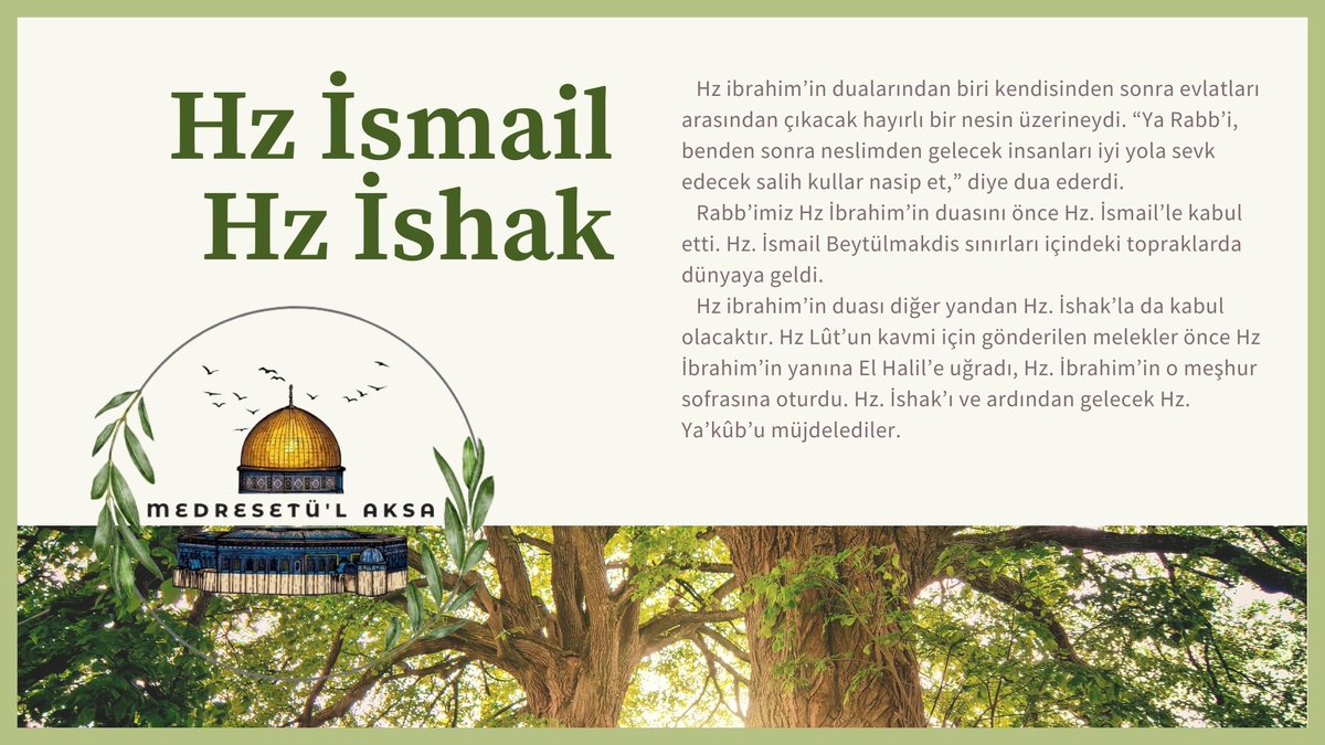 | Peygamberler ve Kudüs
| Hz. İsmail
| Hz. İshak
🍉🍋🫒

•Alıntı: "Peygamberlerin İzinde Kudüs"
İlknur Koç Aytaç
<a href="/medresetulaksa/">Medresetü'l Aksa</a>