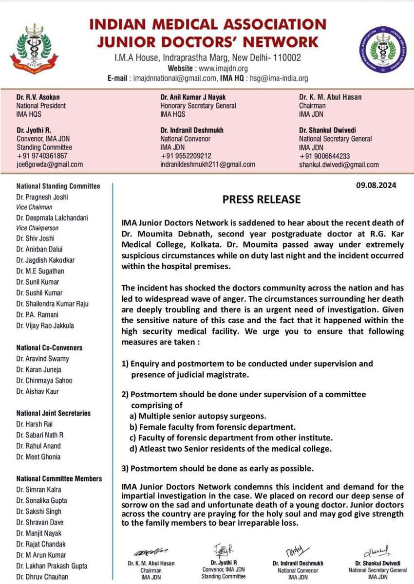 kashmiricanibal's tweet photo. The Indian Medical Association (IMA) announced a 24-hour nationwide strike by doctors of modern medicine across India in protest against the crime in Kolkata. 

The protest began at 6 am on August 17 and concluded at 6 am on August 18. https://t.co/A2jLpnZc99