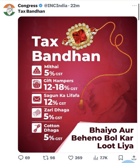 Mrsinha's tweet photo. Congress on
-Eid : Eid Mubarak, enjoy 
-Bakrid : Bakrid Mubarak, enjoy
-Christmas : Merry Christmas, enjoy

Congress on 
-Holi : Bhukmari ki Holi
-Diwali : Mahngai ki Diwali
-Rakshabandhan: Tax Bandhan

This mixed DNA gang never simply wish us, always put their propaganda in it. https://t.co/5oQNFgV1St