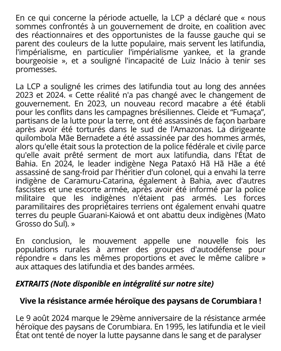 Cause_du_Peuple's tweet photo. 🔴⚡ Brésil : La LCP exalte la révolution agraire et appelle les ruraux à armer les groupes d’autodéfense dans une note sur la résistance de Corumbiara

Nous publions ici une traduction non officielle d’un article de A Nova Democracia du 15 août 2024.
 https://t.co/RGdMEKUGST https://t.co/h2AJATPddt