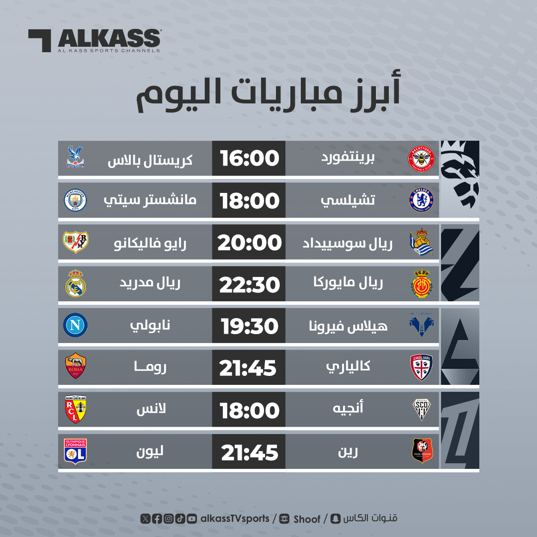 AlkassTVSports's tweet photo. أبرز مباريات اليوم في الدوريات الأوروبية لكرة القدم.. 
أي مباراة تنتظرون ؟

 #قنوات_الكاس https://t.co/7cjV5eKIJn