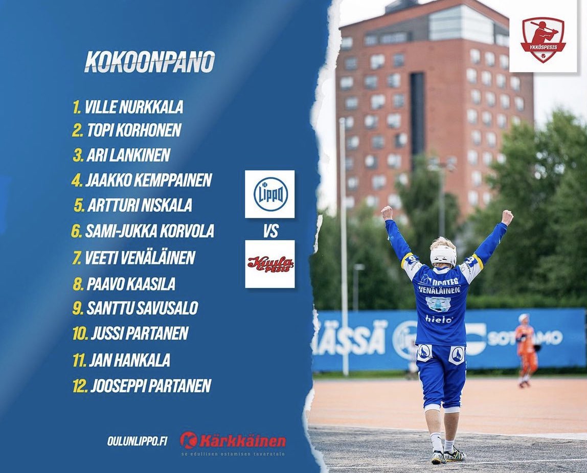 Kokoonpano tänään - GAME 5 🔥

⚾️ Oulun Lippo - @kuulapesis 
📅 Su 18.8. klo 16.00
🏟️Hielo Stadion Raksila
🎫 Aikuiset 14/12e | Etu 12/10e | Alle 12-v ilmaiseksi
🎥 Ruutu +

📍Liput ennakkoon:
nettilippu.fi/fi/event/oulun… 

Huom! Kausikortit eivät ole voimassa.