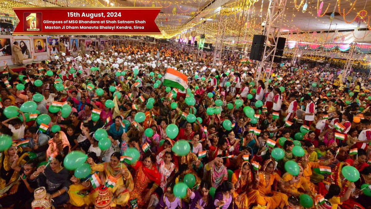 DSSNewsUpdates's tweet photo. On August 15th, the MSG Bhandara event witnessed the surge of spiritualism that enveloped the disciples. The day was marked by profound devotion to both divinity and humanity. Revered Saint Dr. MSG initiated new welfare activities, further enriching the lives of all those present. The disciples collectively expressed their deep gratitude to Guruji for the divine blessings that continue to illuminate their paths. #MSGBhandara #DeraSachaSauda