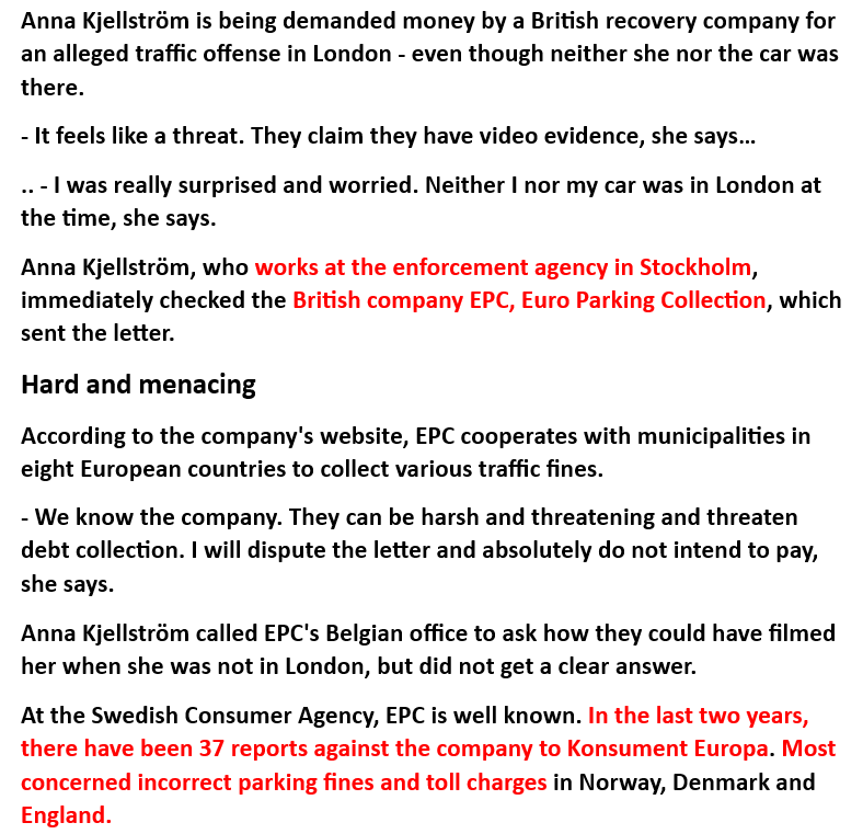WilliamCobbett4's tweet photo. @transportgovuk @LouHaigh @Real_CAG
Karma time! 😂😂
#EPCplc, used by @DartCharge & #ULEZ to chase foreign car owners with systematically delayed (thus escalated) or even invented penalty notices picked on a #Swedish employee of..
..the state debt recovery agency @Kronofogden https://t.co/dxfyHmre7k