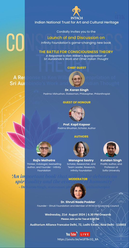 RajivMessage's tweet photo. Join us for the launch of our latest book ‘The Battle for Consciousness Theory : A response to Ken Wilber’s Appropriation of Sri Aurobindo’s Work and other Indian Thought,’ on 21st August, 6:30 pm at Delhi. For more details please see below. 

@ManognaSastry @BluOneInk @shrutinada