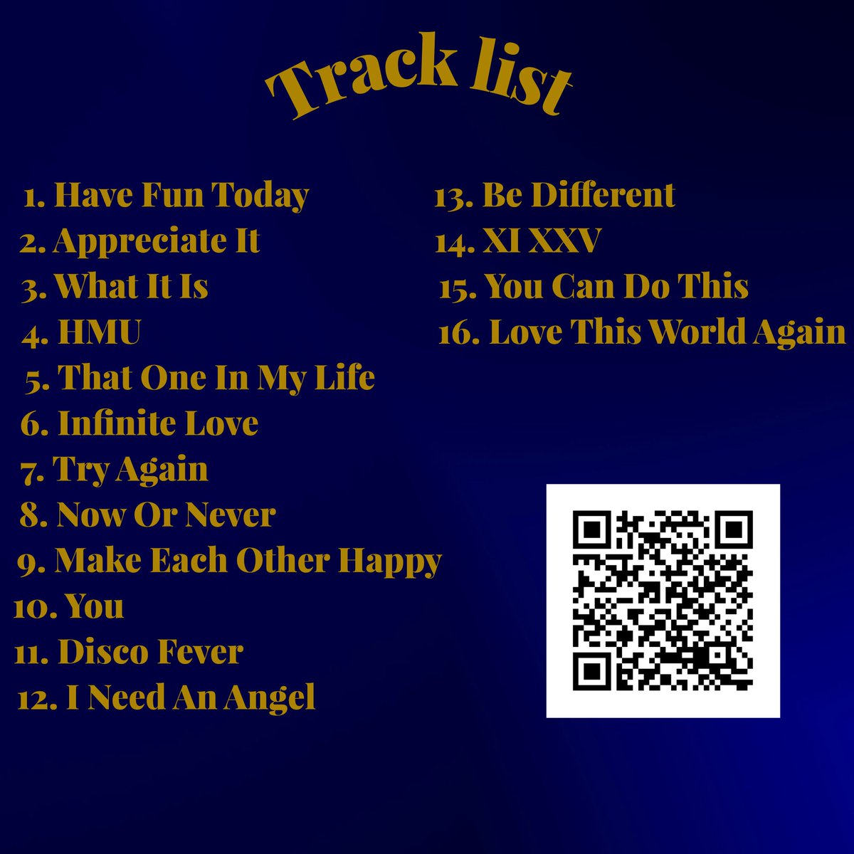 conorofficial_'s tweet photo. Here’s the track list for the debut album, XI XXV. Scan the QR code to presave the album. #GOAT #album #music #share #inspire #presave https://t.co/B7sm7mgBy6