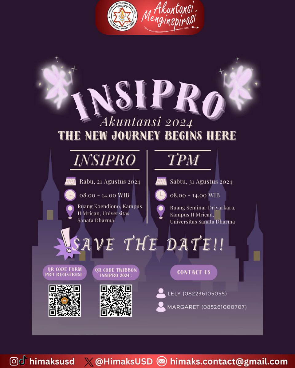 [INSIPRO 2024]

Haloo Warga Akuntansi👋

PENTING‼️
Teman-teman WAJIB melakukan pra registrasi INSIPRO pada :
17 Agustus 2024 - 20 Agustus 2024
Batas terakhir 20 Agustus 2024, jangan sampai terlambat ya guys👋🏻.

#AkuntansiMenginspirasi 
-Himpunan Mahasiswa Akuntansi-