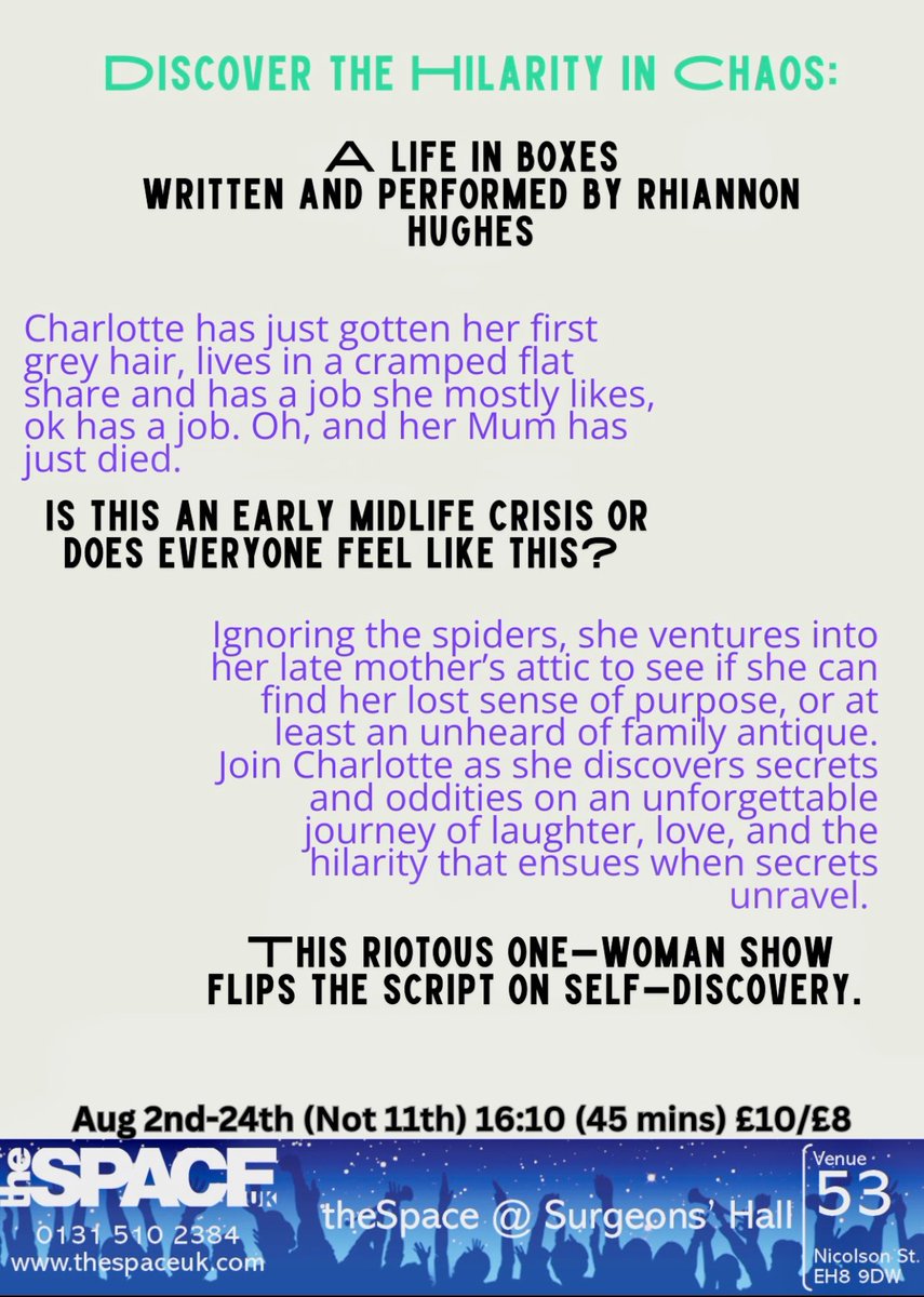 My last Sunday of #edfringe 1 week to still catch A life in boxes. Would love to see you. Drama/comedy, new writing, one woman play. 💕 
📍#thespaceuk 
📅 2nd-24th not 11th 16:10
🎟️tickets.edfringe.com/whats-on/life-…
<a href="/StageMeetsWorld/">Theatre Life #SundayFringe</a> #sundayfringe #UnleashYourFringe