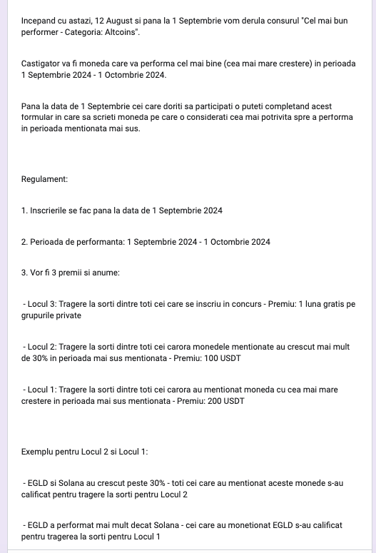 glcharts1618's tweet photo. Concurs pe altcoins🙂

Cine doreste sa se inscrie o poate face scriind la comentarii moneda (una singura) care crede ca va performa cel mai bine in perioada 1 Septembrie 2024 - 1 Octombrie 2024.

Toti cei care posteaza comentariu vor intra automat intr-o tombola/extragere iar castigatorul va primi 2 luni gratis pe grupurile private de Telegram.

Cei care vor scrie dupa data de 1 Septembrie nu vor fi luati in considerare. Desemnarea castigatorului, dupa 1 Octombrie.

De asemenea, acest concurs este disponibil si pe grupul privat, unde mai sunt si alte doua premii in plus (vezi poza atasata).

Daca doresti sa participi la concursul privat, poti profita de oferta cu 50% reducere la abonamentul de o luna. Valabila pana in 20 August.

Detalii pe https://t.co/rpHkCHtwtg