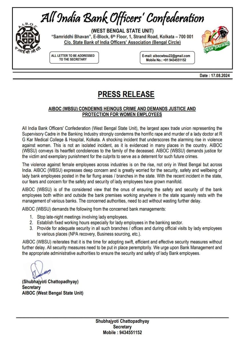 <a href="/sanjaybpi/">Sanjay Das</a> <a href="/BankofIndia_IN/">Bank of India</a> <a href="/DFS_India/">DFS</a> Absolutely true Respected Sanjoy Da. We Condemn the heinous crime which took place at RG Kar medical college.
No late sitting/meeting, Regulated working hours, Adequate security at branches &amp; during recovery is need of the hour and should be meticulously followed.