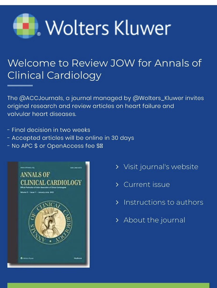 Annals of Clinical Cardiology (@accjournals) on Twitter photo The <a href="/ACCJournals/">Annals of Clinical Cardiology</a>, a journal managed by <a href="/Wolters_Kluwer/">Wolters Kluwer</a> invites original research and review articles on heart failure and valvular heart diseases.
- Final decision in two weeks✅
- Accepted articles will be online in 30days
- No APC $ ‼️🖌️OpenAccess fee $‼️ The <a href="/ACCJournals/">Annals of Clinical Cardiology</a>, a journal managed by <a href="/Wolters_Kluwer/">Wolters Kluwer</a> invites original research and review articles on heart failure and valvular heart diseases.
- Final decision in two weeks✅
- Accepted articles will be online in 30days
- No APC $ ‼️🖌️OpenAccess fee $‼️