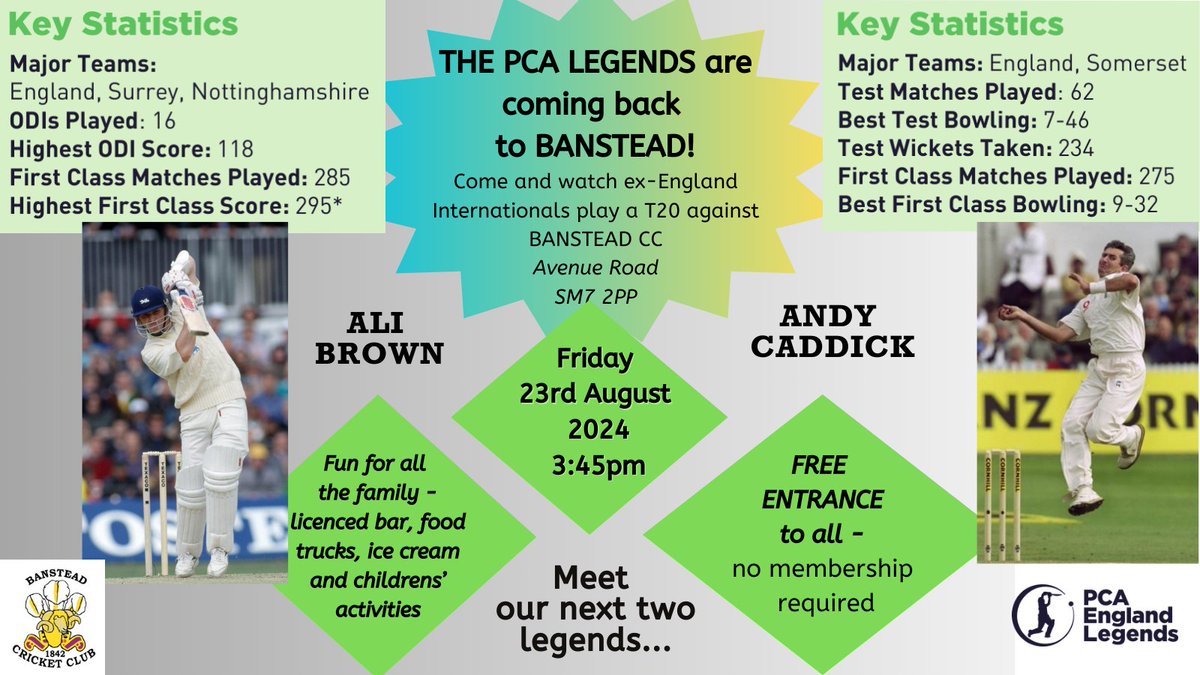 6 days and counting ...
Our next two Legends are; Surrey Hero (and dad to Banstead's Joe Brown)  Ali Brown and feisty fast-medium bowler Andy Caddick.
<a href="/PCA/">PCA</a> 
<a href="/The_Lord3/">Ali Brown</a> 
<a href="/alextudorcoach/">Alex Tudor</a> <a href="/devon_malcolm/">Devon Malcolm OBE</a> <a href="/MarkRamprakash/">Mark Ramprakash</a> <a href="/adamhollioake/">Adam</a> <a href="/Gojones623/">Geraint Jones</a>