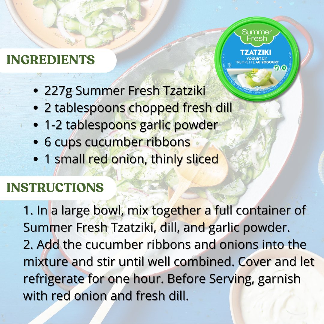 SummerFresh's tweet image. Refreshing cucumber ribbons tossed in our creamy Summer Fresh Tzatziki—perfect with grilled meats or fish for a light summer lunch! 🥒✨ #CucumberSalad #SummerFresh 

Swipe for recipe ---&amp;gt;