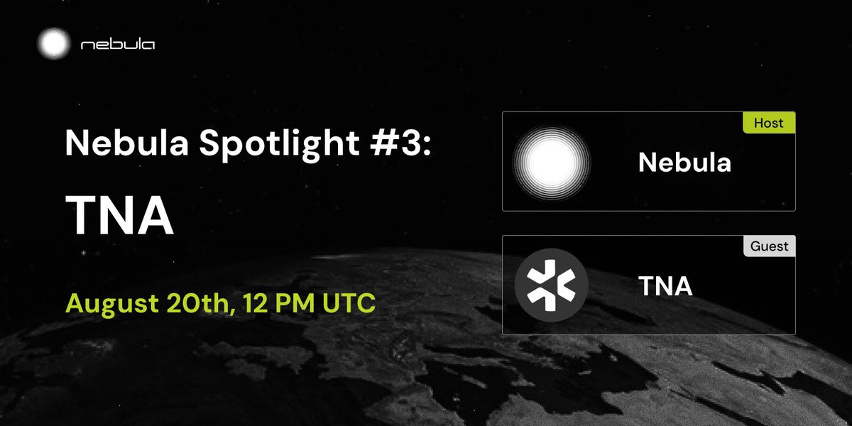Let’s dive deeper into what’s next for <a href="/TNA_Protocol/">TNA</a> and the Nebula ecosystem! 

Join us for a Twitter Space on August 20th at 12 PM UTC to talk about the IDO, the future of $BN, and the exciting roadmap ahead. 

📍: x.com/i/spaces/1yNGa…

🔈 PS: The IDO is in full swing on