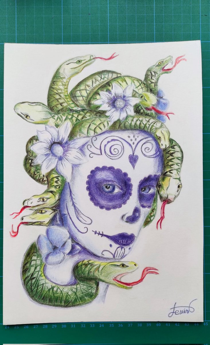 Jesuschr05's tweet image. CATRINA MEDUSA, lápices de colores sobre papel. Obra por encargo 
#lápicesDeColores
#colourpencils
#pintando
#painting
