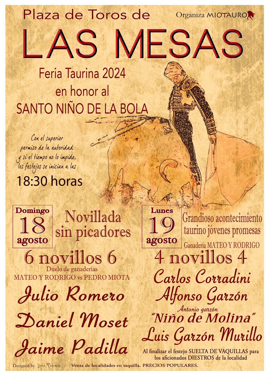 ✅ Hoy toreamos en Las Mesas, nuestro alumno Julio Romero hará el paseíllo en la plaza de toros de Las Mesas en la provincia de Cuenca.