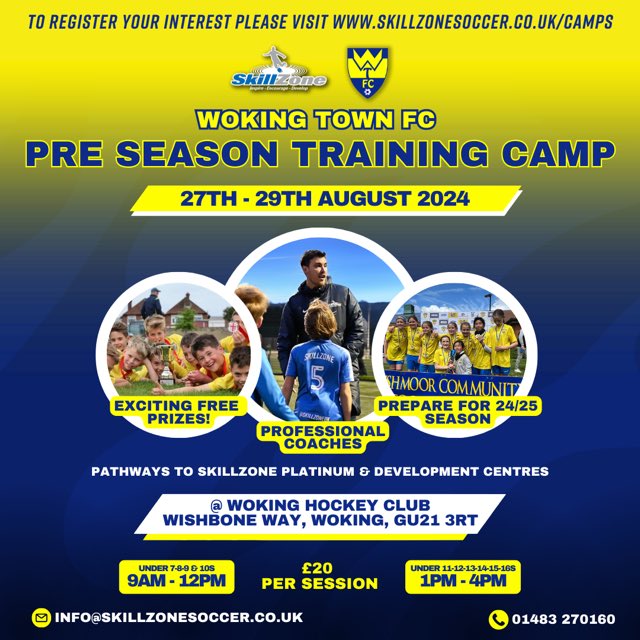 Not long to go now to our pre season training camps in partnership with <a href="/SkillZoneUK/">SkillZone Soccer</a> 

Get ready for the new season which is only a few weeks away ⚽️

#trainingcamps #woking #footballtraining #youthfootball #kidsfootball