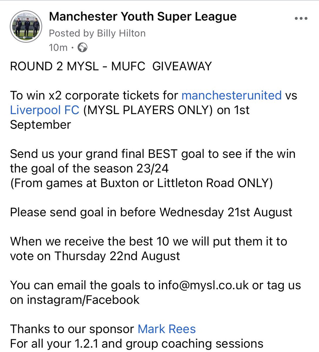 ROUND 2 MYSL - MUFC  GIVEAWAY 

To win x2 corporate tickets for manchesterunited vs Liverpool FC (MYSL PLAYERS ONLY) on 1st September 

Send us your grand final BEST goal to see if the win the goal of the season 23/24
(From games at Buxton or Littleton

<a href="/REEsilience1/">REEsilience</a>