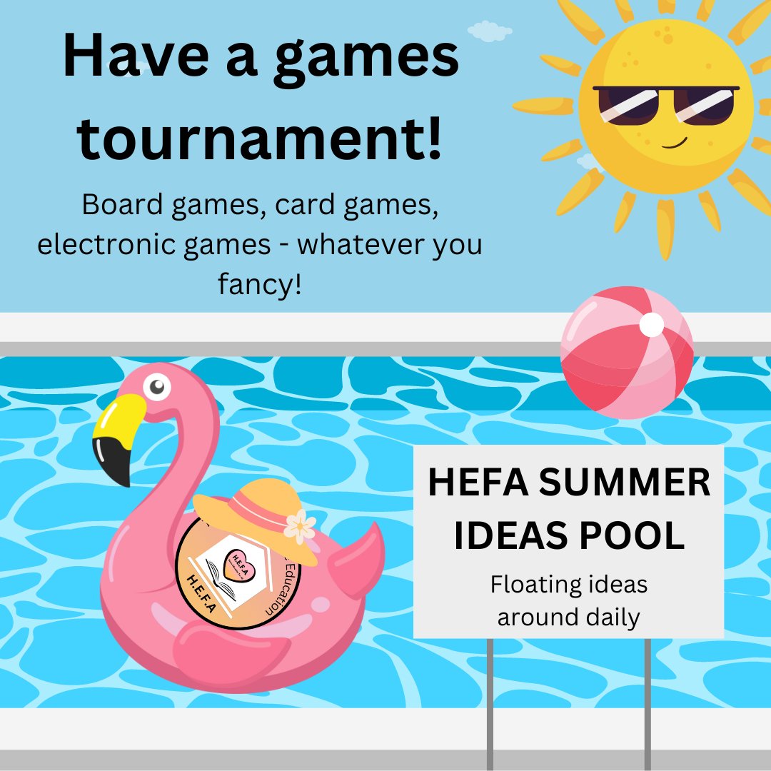 Summer Sunday Funday idea time!

Hold a games tournament! 

Type of game, number of participants, scoring system, and winners rewards all up to you!

Not big on competition?
Make it a games marathon instead 🙂

Have fun 😁

#teamhefauk  #summerholidays #games #sundayfunday