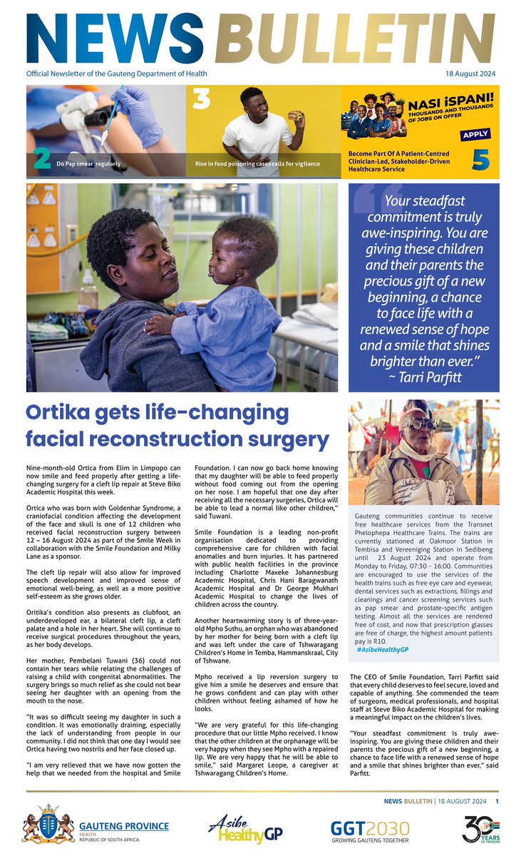 Ortika gets life-changing facial reconstruction surgery

Get this story, the latest vacancies and more on this week’s issue of the Gauteng Department of Health News Bulletin. 

Click here to download: publuu.com/flip-book/4342…

#AsibeHealthyGP #IServeWithASmile
