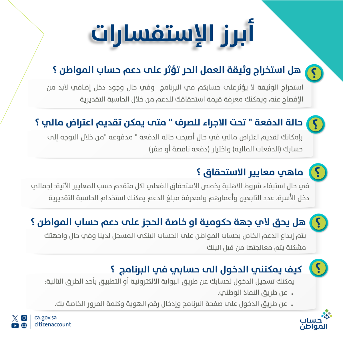 أبرز استفسارات المستفيدين من برنامج #حساب_المواطن ..