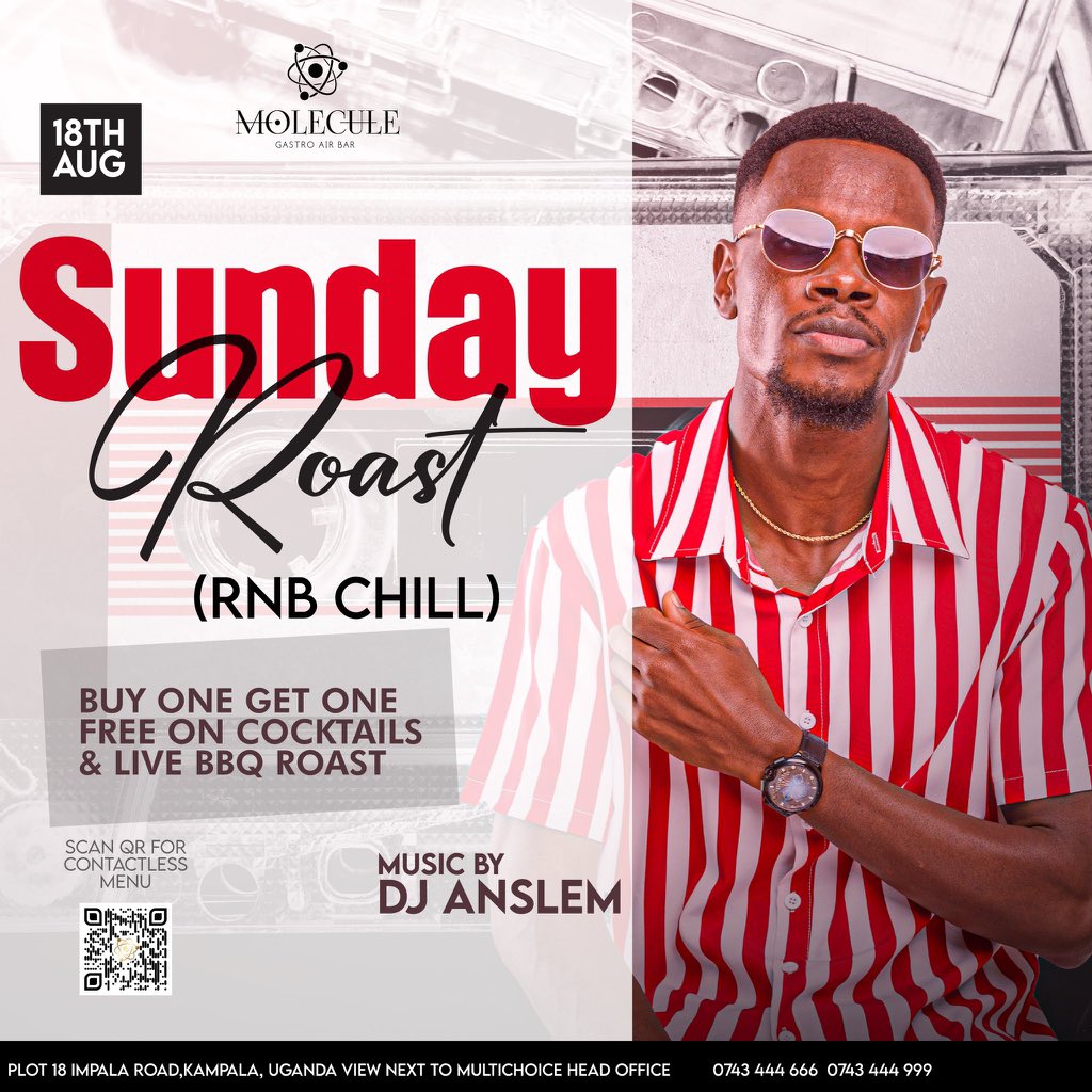 MushroomInc's tweet photo. Stop by @MoleculeUg today for Sunday Roast and RnB Chill with @DEEJAYANSELM spinning the tunes. Enjoy special offers on cocktails and a live BBQ roast—you won’t want to miss it! https://t.co/JpGyEOUGxE
