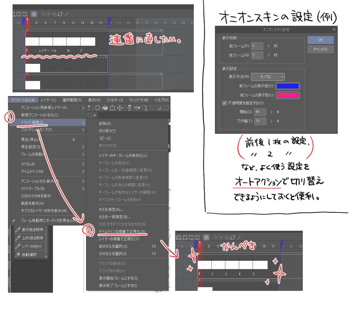 Ralto__'s tweet photo. ブルスカで投げてたクリスタのなんちゃってアニメーション機能説明（超個人的）

１．新規作成の時の用語
２．画面内の用語とアイコンの機能(タイムライン・アニメーションセルのウィンドウを開いてます)
���．設定推奨のショートカット
４．描き進めた時の連番の整理の仕方、オニオンスキン設定(例) https://t.co/kJnaBb1cZZ