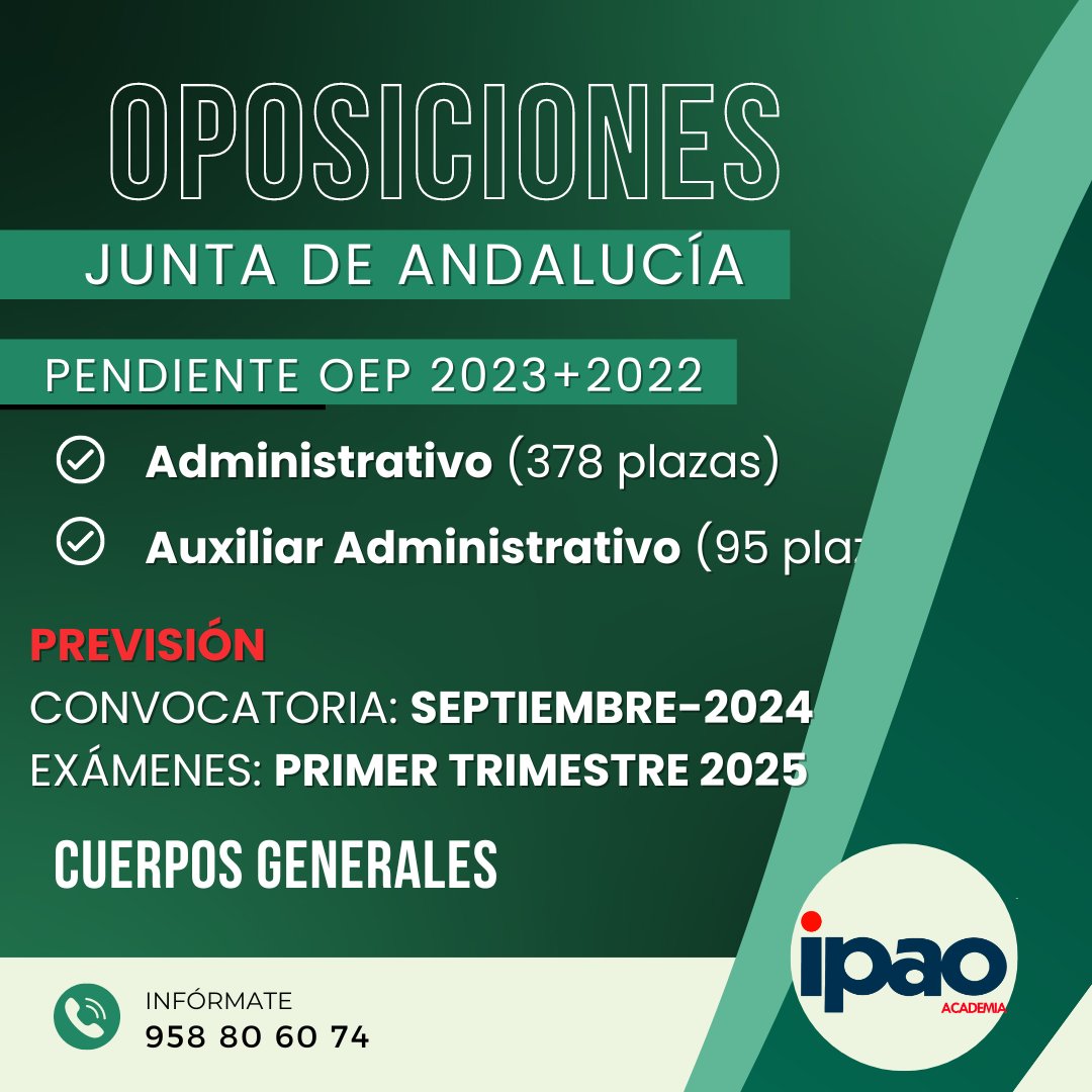 En el mes de Septiembre está previsto que la Junta Andalucía convoque las plazas correspondientes a las Ofertas de Empleo Público de 2022+2023 de Auxiliares y Administrativos de la Junta.
Disponemos de diferentes grupos de preparación. Infórmate de cual es el más adecuado para tí