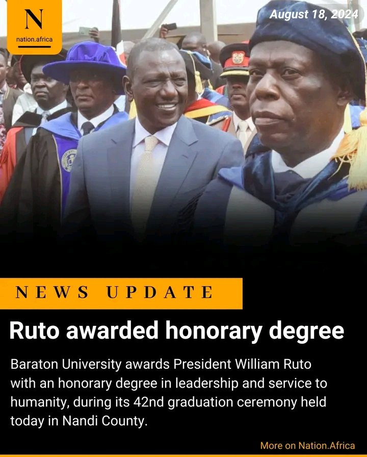 Mercelyne008's tweet photo. Nation Media doing the Lord's work. Our God chosen president has just been awarded an honorary degree. #elimubora #RutoLiesAllTheTime https://t.co/f54EJArYCM