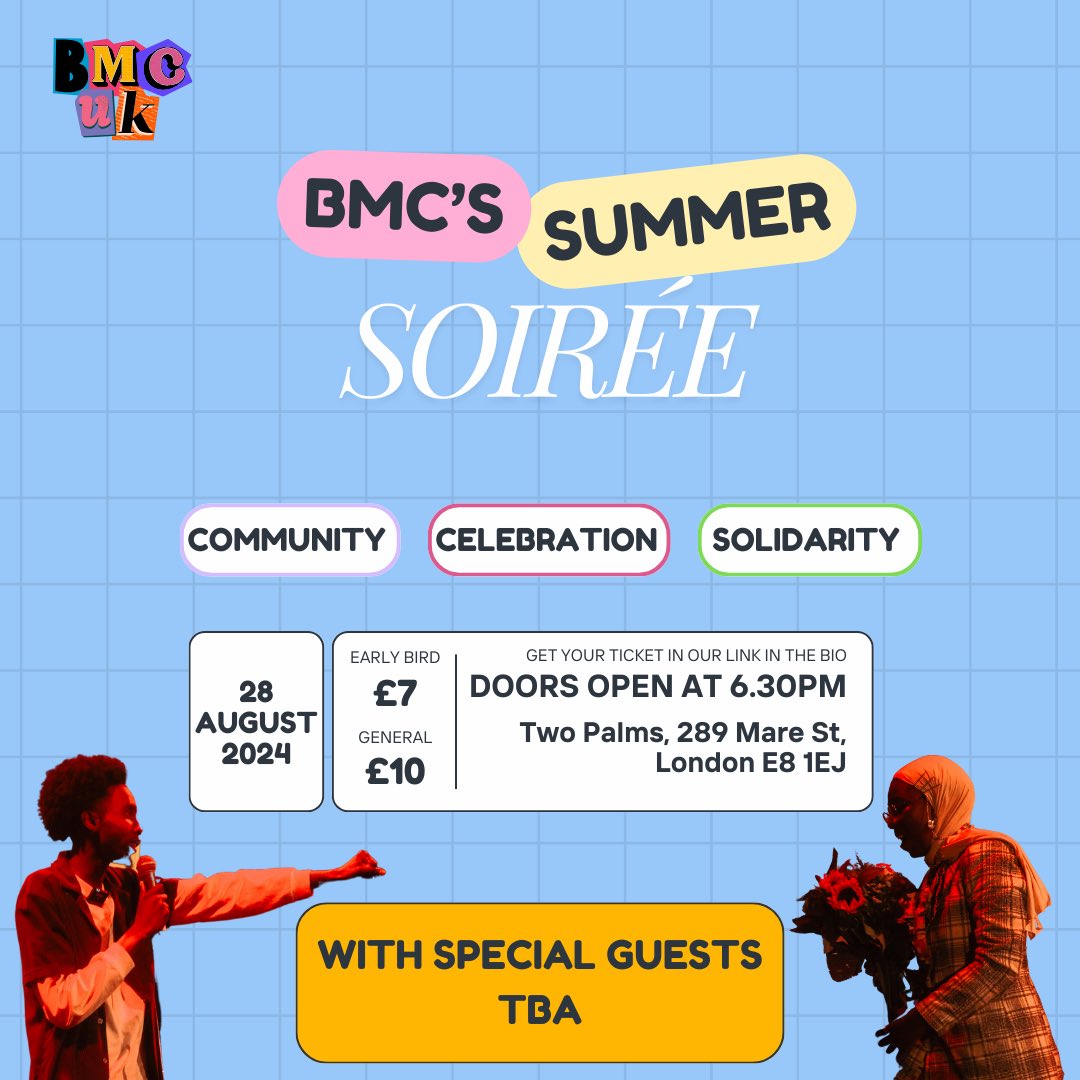 It’s been a minute since the Black Muslim Collective UK aka BMC UK have hosted

—but we’re back and we’re better ⚡️

Join us for an evening of community, celebration and solidarity at our Summer Soirée on August 28th! 

eventbrite.com/e/bmcs-summer-…