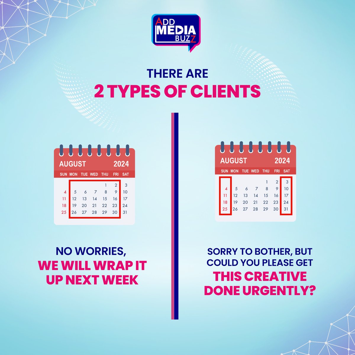 AddMediaBuzz's tweet photo. Which client type do you encounter most often? Drop your answer in the comments.
.
#TypesOfClients #AMB #AddMediaBuzz #MonToFri #SatToSun #DigitalAgency #ClientManagement #MarketingTips #AgencyLife #CustomerService #AdAgency #ClientExpectations https://t.co/uLnYeSwfip