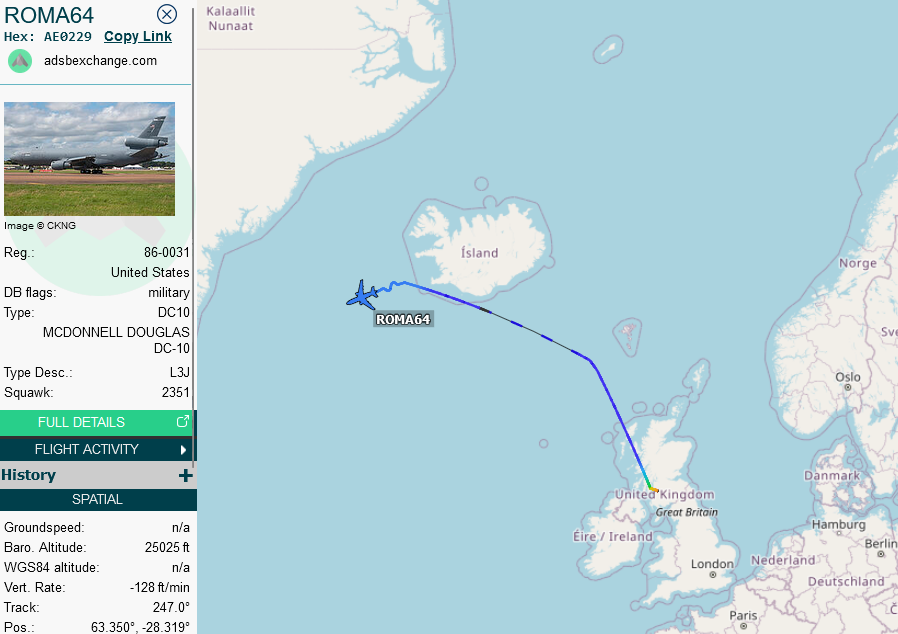 SirListenalot's tweet photo. #KC10 #AE0229 #ROMA64 out of Prestwick just picked up (six) "OK #F16's from Keflavik. I suppose the whole flight will end up at Dover https://t.co/2LXIHmwDW6