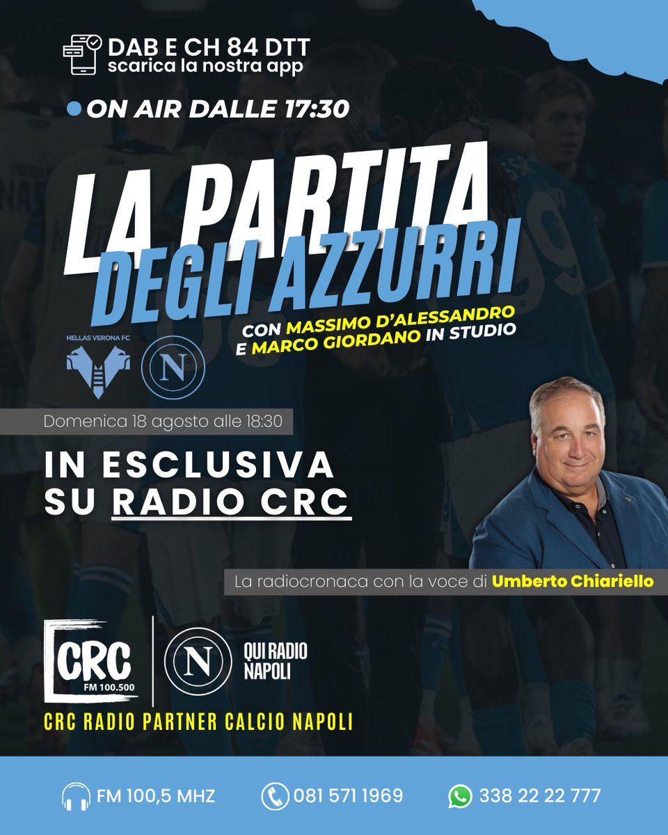 CRC Radio Partner del #Napoli vi accompagnerà per tutta la stagione azzurra ‼️

▶️ Oggi si parte alle 17.30 con il pre partita di #VeronaNapoli

🎙️ In esclusiva radiofonica sulla nostra frequenza, la radiocronaca del match affidata ad <a href="/Chiariello_CS/">Umberto Chiariello</a> 🔵