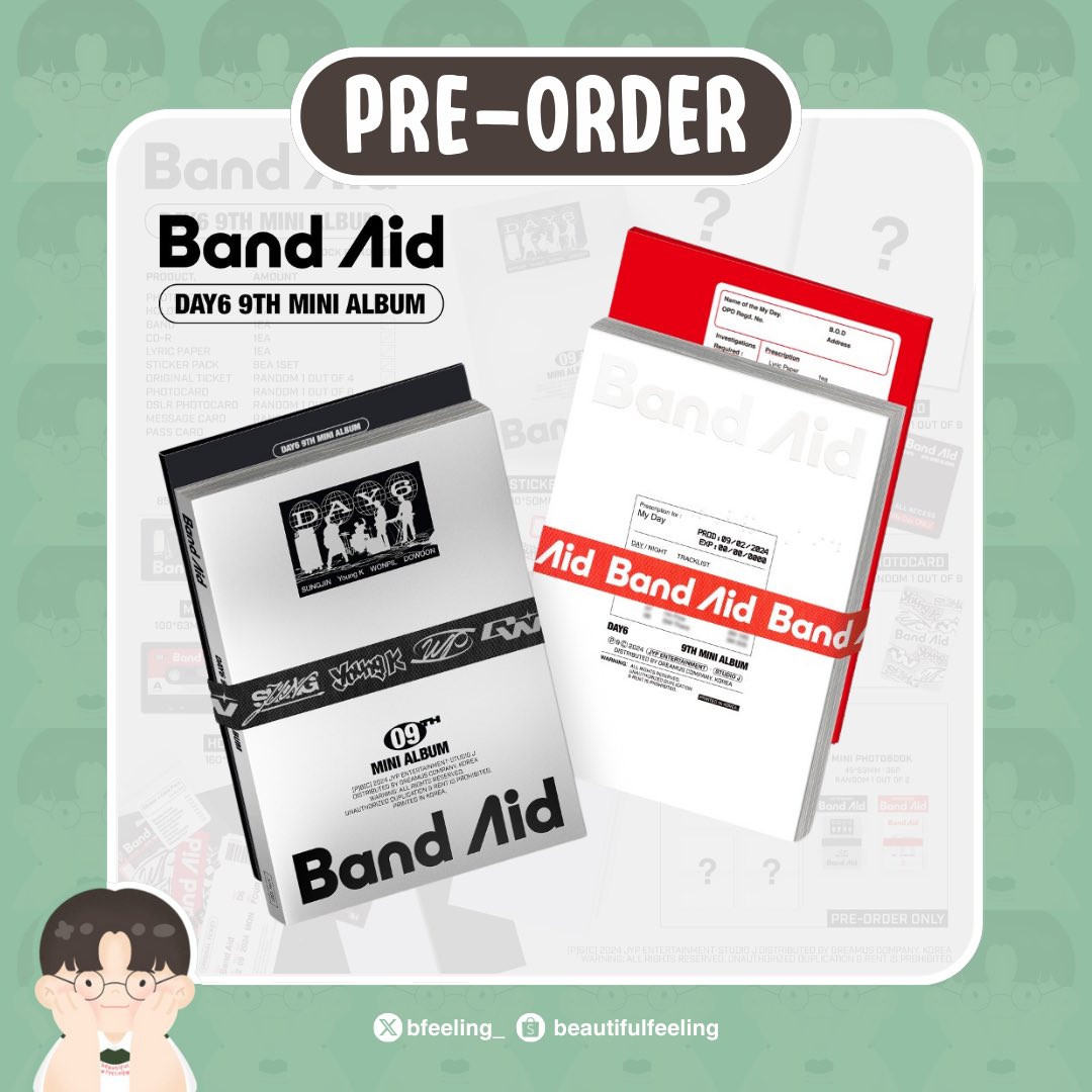 HELP RT - BFEELING OPEN PO
🩹 DAY6 BAND AID 🩹

🏷️ FULLSET + POB RANDOM MEMBER 
309K | DP 144K 

Order &amp; details : 
🔗 bit.ly/BFPO-BANDAIDRA…

📦 EMS
💰 BERSIH INA, PELUNASAN 🍊
📍DEPOK