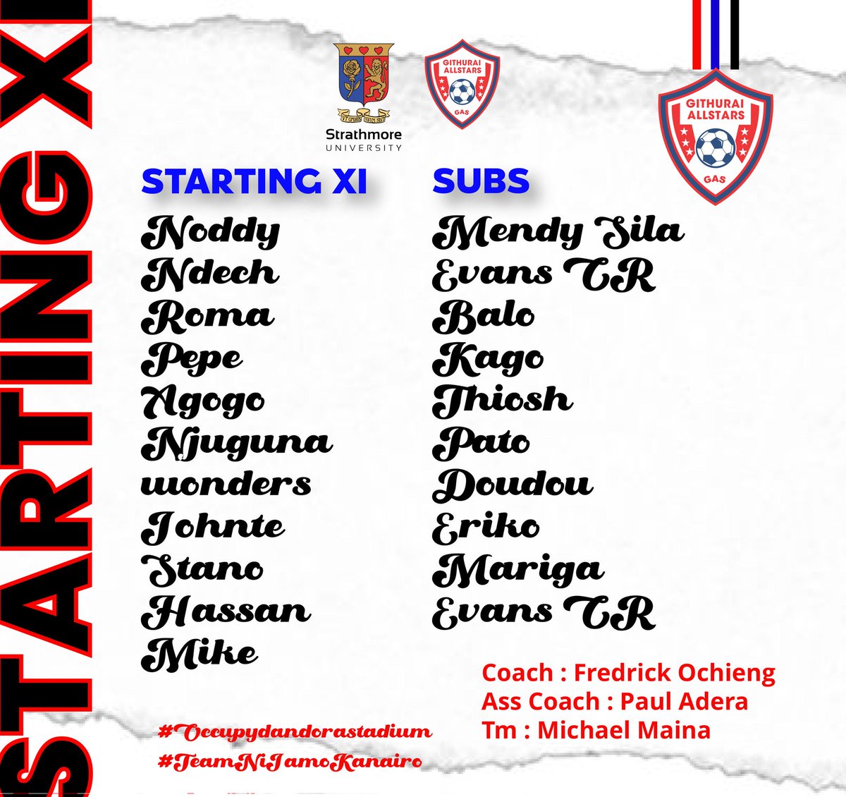 GasAllstars's tweet photo. Squad for this afternoon, Patrick Lugho rejoins the team ahead of our match against the University boys Strathmore F.C. 

#occupydandorastadium 
#spaceandstyle 
#gasstrath 
#kanairofinest https://t.co/VQHTUUmz7p