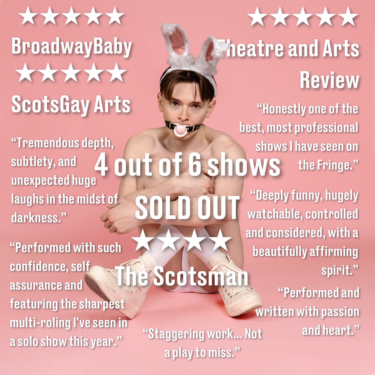 GOOD BOY (@goodboytheplay) on Twitter photo FIRST WEEK ROUND-UP!
Monday 12th, Wednesday 14th, Friday 15th, Saturday 17th - SOLD OUT
Five and four star reviews and some gorgeous feedback from our audiences.
Good Boy's second (and final) week are already filling up 👀
20:55 - Theatre 2, Surgeons' Hall <a href="/theSpaceUK/">theSpaceUK</a>
🎟️ in bio FIRST WEEK ROUND-UP!
Monday 12th, Wednesday 14th, Friday 15th, Saturday 17th - SOLD OUT
Five and four star reviews and some gorgeous feedback from our audiences.
Good Boy's second (and final) week are already filling up 👀
20:55 - Theatre 2, Surgeons' Hall <a href="/theSpaceUK/">theSpaceUK</a>
🎟️ in bio