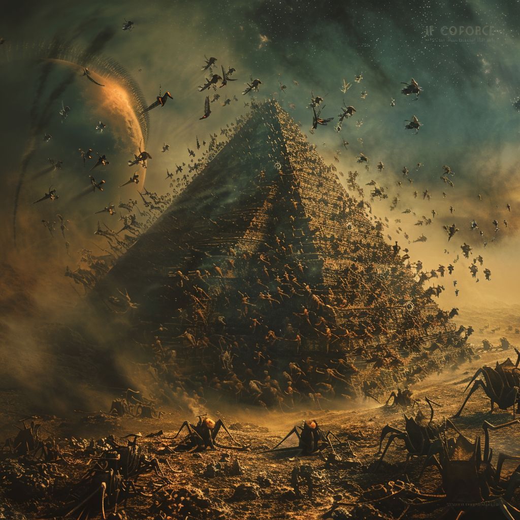 HumanAIArt's tweet photo. "Celestial Pyramid #20", A stunning scene of alien and human collaboration in building a grand pyramid on a surreal planet. #AlienLabor #CosmicPyramid #SurrealLandscape #GalacticTeamwork https://t.co/59dWi70sgC