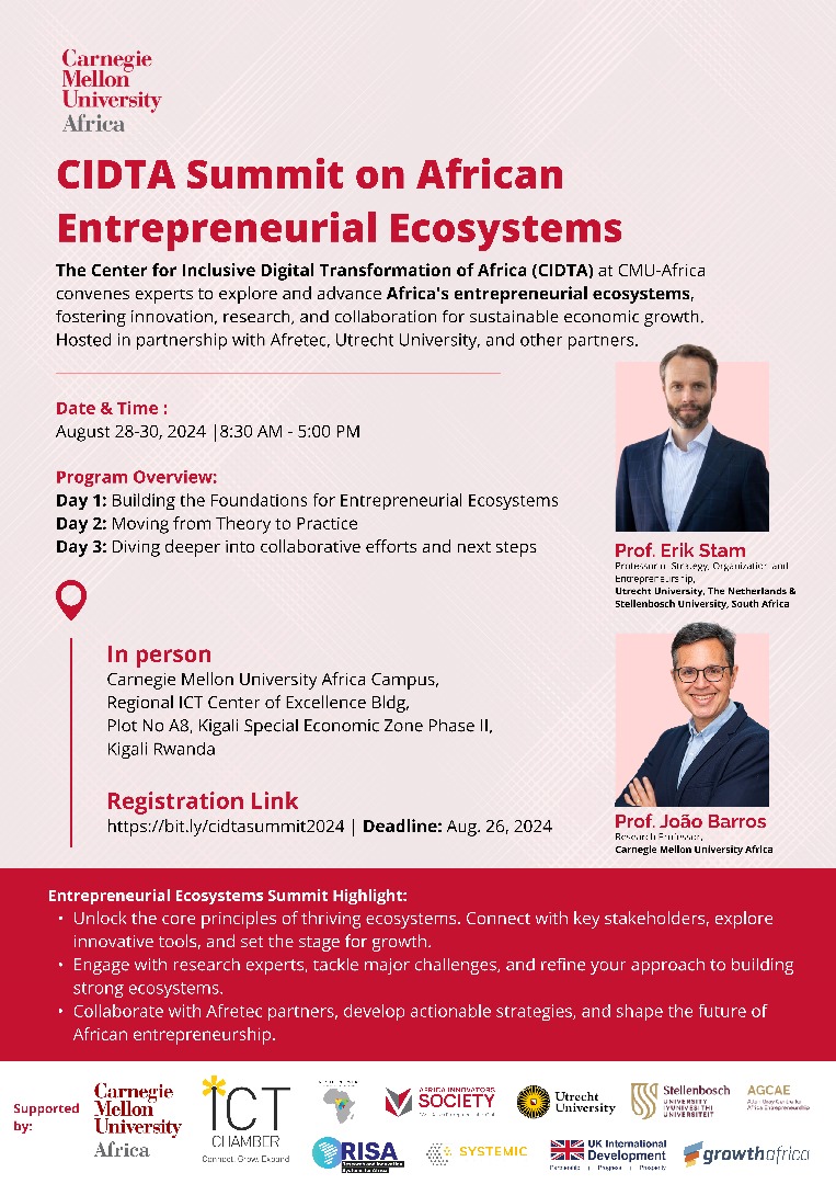 #CIDTASummit2024
Join us at <a href="/cmu_africa/">Carnegie Mellon University Africa</a> from August 28-30, 2024, to explore and enhance Africa’s entrepreneurial ecosystems. Register to attend the summit via bit.ly/cidtasummit2024

<a href="/UniUtrecht/">Utrecht University</a> <a href="/StellenboschUni/">Stellenbosch University</a>