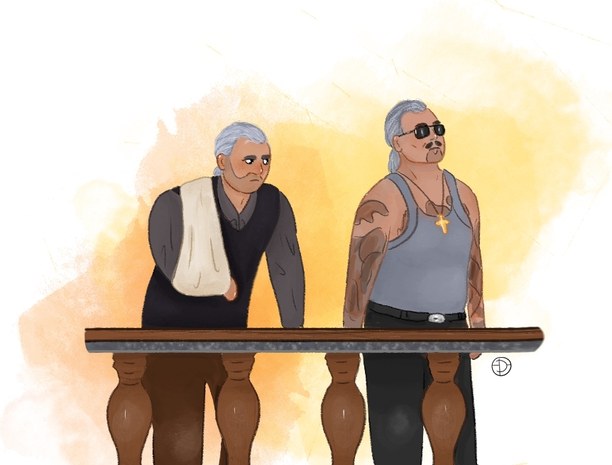 Noart__l's tweet image. Croquis de séance pendant la comparution au tribunal de deux Vagos le 13/08 sur #rerollrp
Suite à une action admin, donc deux personnes du staff (@RowdGuru et je n'ai pas reconnu la deuxième personne👀)
Un vrai plaisir à faire 🦉