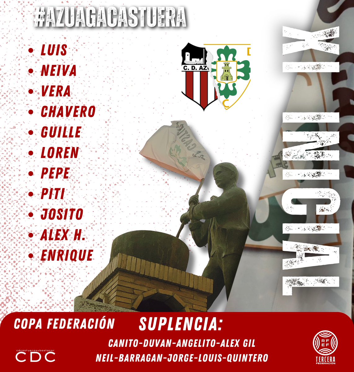 CastueraCd's tweet photo. COPA FEDERACIÓN 

Once de inicio para enfrentarnos al @cdazuaga 

#aguantecastuera ⚪️🔴 https://t.co/yHn0XUUpCj