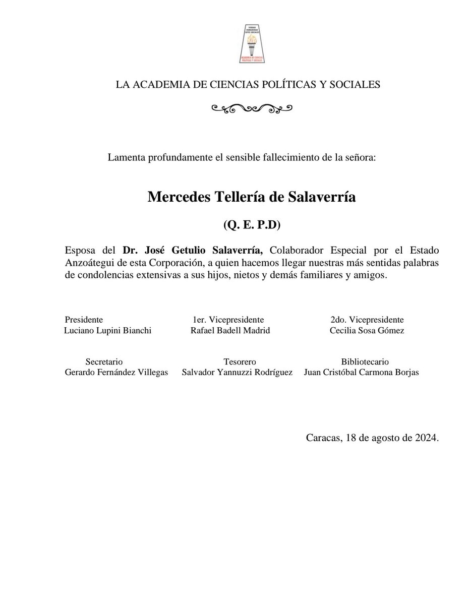 Academia de Ciencias Políticas y Sociales (@acienpol) on Twitter photo <a href="/acienpol/">Academia de Ciencias Políticas y Sociales</a> . La Academia de Ciencias Políticas y Sociales lamenta el sensible fallecimiento de la señora Mercedes Tellería de Salaverria. (Q.E.P.D). Esposa del dr. José Getulio Salaverria Lander, Colaborador Especial por el estado Anzoátegui. <a href="/acienpol/">Academia de Ciencias Políticas y Sociales</a> . La Academia de Ciencias Políticas y Sociales lamenta el sensible fallecimiento de la señora Mercedes Tellería de Salaverria. (Q.E.P.D). Esposa del dr. José Getulio Salaverria Lander, Colaborador Especial por el estado Anzoátegui.