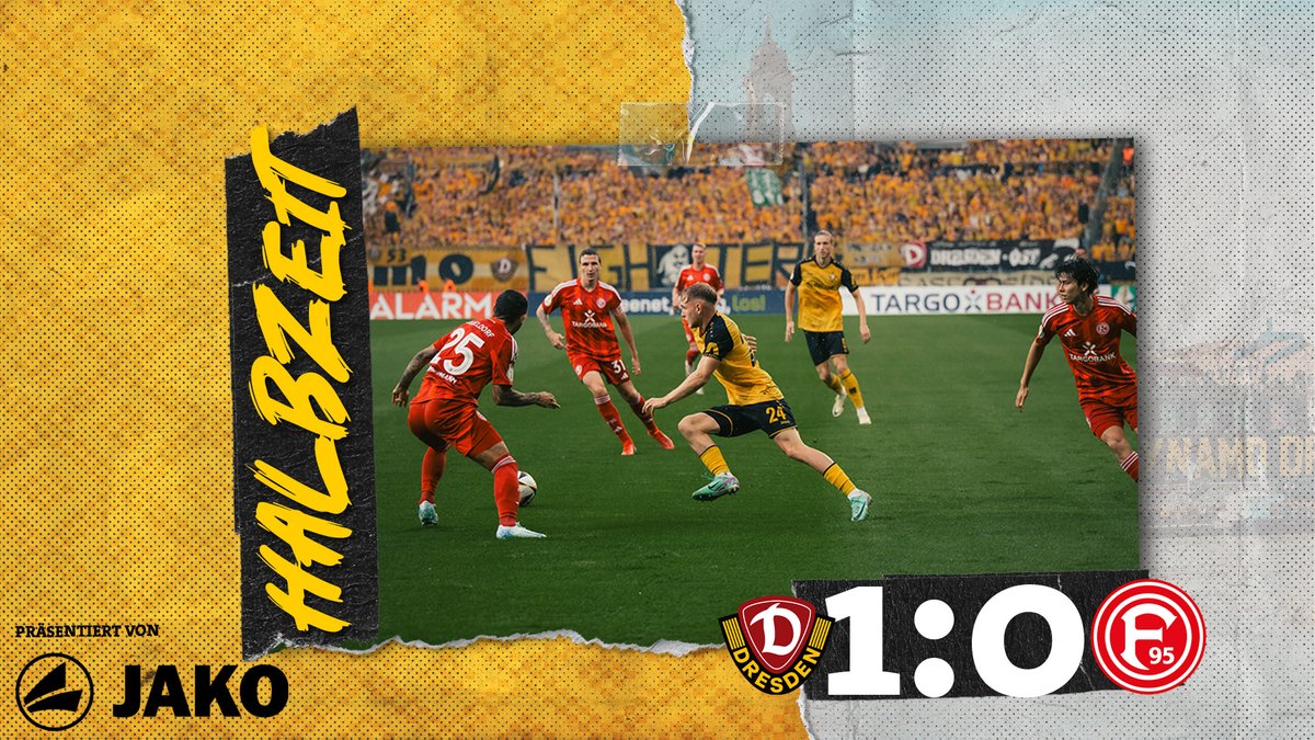 DynamoDresden's tweet photo. 45' Pause! Wir nehmen nach einer starken kämpferischen ersten Halbzeit eine hoch verdiente 1:0-Führung mit in die Kabinen. Männer, genau so weiter! Hier geht was! 💪 #SGDF95 1:0 #sgd1953 https://t.co/1OFRJVneoc