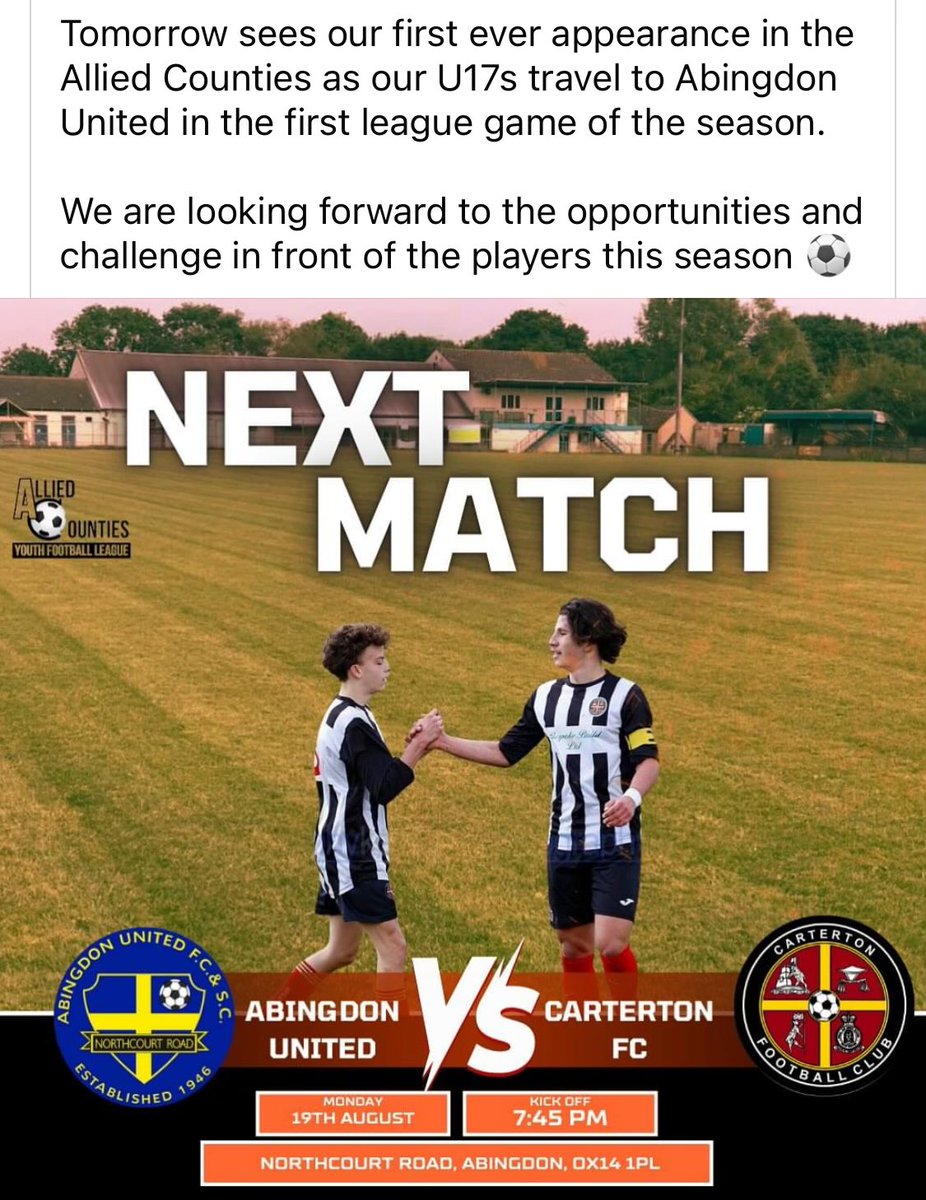 Our Allied Counties team in action tomorrow at Abingdon United for their first match of the league campaign. <a href="/OxOnFootball/">Oxon Football</a> <a href="/ACYFLofficial/">Allied Counties Youth League</a> <a href="/HellenicLeague/">Hellenic League</a> <a href="/hfl_news/">Hellenic Lge News</a> <a href="/Abutdfc/">Abingdon United FC (P)</a> <a href="/osaacademy/">osaacademy</a> <a href="/BBCOxford/">BBC Oxfordshire</a> <a href="/NonLeagueCrowd/">Non League Crowds</a> <a href="/NL_Matters/">NonLeagueMatters</a> <a href="/NonLeagueBall/">Non-League Football</a>