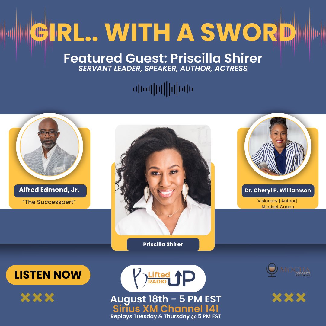 BLiftedUpRadio's tweet photo. “GIRL…WITH A SWORD” | B Lifted Up Radio/Podcasts with Servant Leader, Speaker, Author, Actor (@priscillashirer).
Sirius XM/141 * Sun/Tues/Thurs 5pm EST * Full Interview https://t.co/T0kjhvIS9b #theforge #isurrenderall #call2discipleship #bliftedupradio https://t.co/vtjUucjUrf
