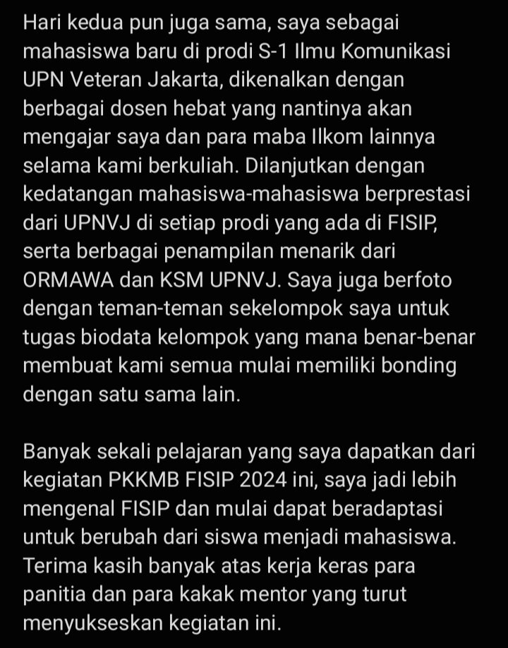 thisisbilaaya's tweet photo. Sugeng dalu, FISIPERS!

Perkenalkan, nama saya Nabila Wijaya. Saya merupakan mahasiswa baru prodi S-1 Ilmu Komunikasi di FISIP di UPNVJ. Nomor Induk Mahasiswa saya adalah 2410411270, dan saya berasal dari Kelompok 7 Hering yang dimentori oleh Kak Alvisha di PKKMB FISIP 2024. https://t.co/lZNCC07UoQ