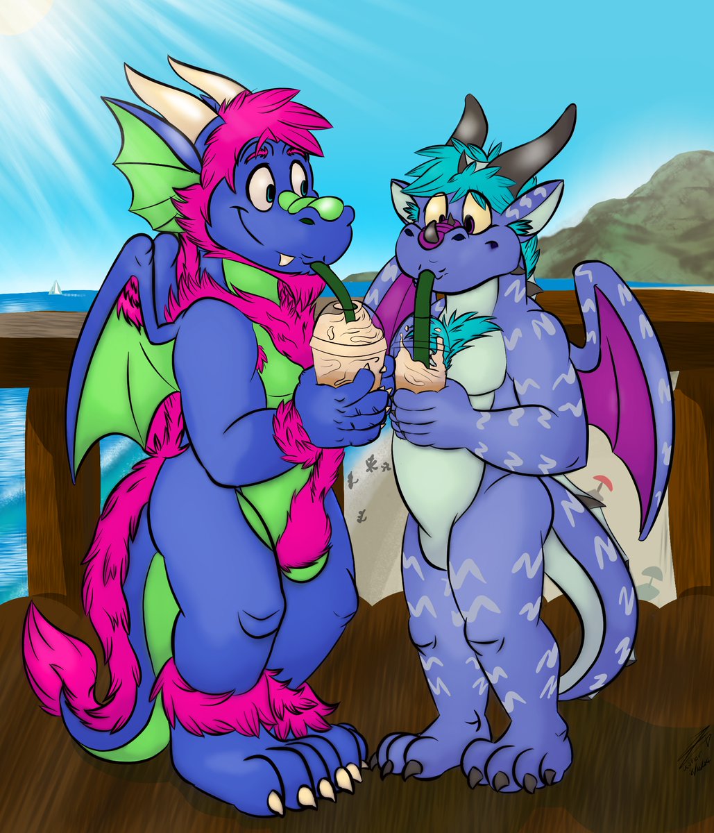 AsherEternal's tweet photo. ☕️Draggies with frappies!☕️

Commission for @PreyusDraggy of our sonas drinking Rad Coffee by the beach ^vv^

#furrycommision #furryarwork #furryartist https://t.co/hQqFwct3Ez